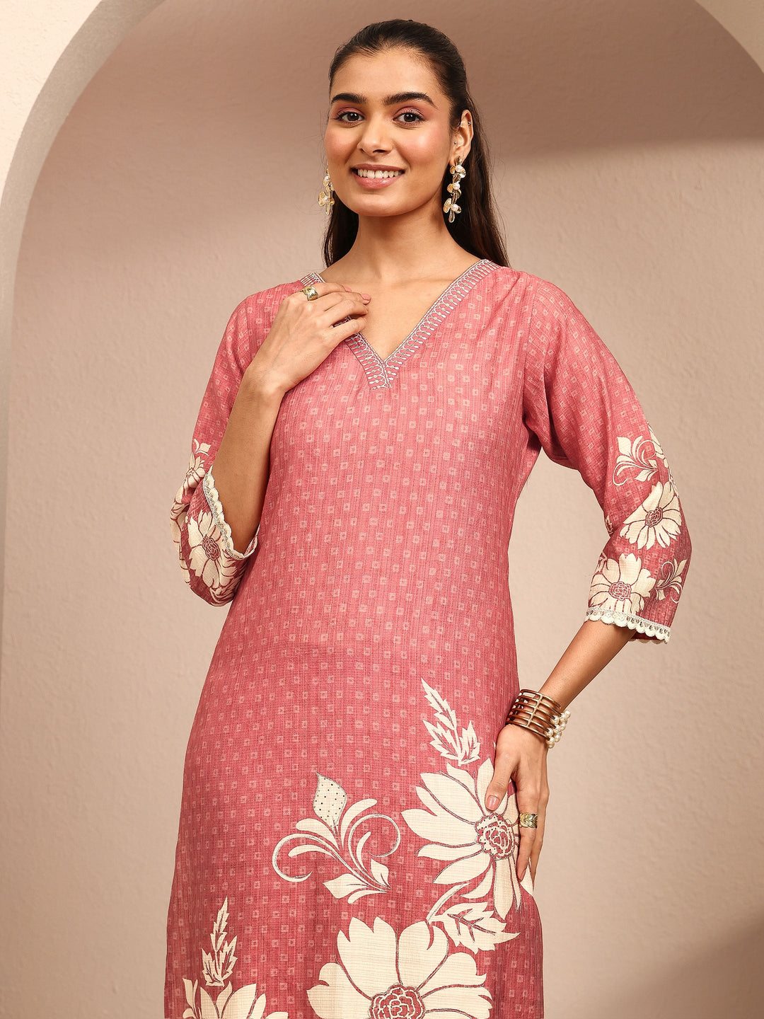 Coral Printed Silk Blend Straight Suit Set With Dupatta