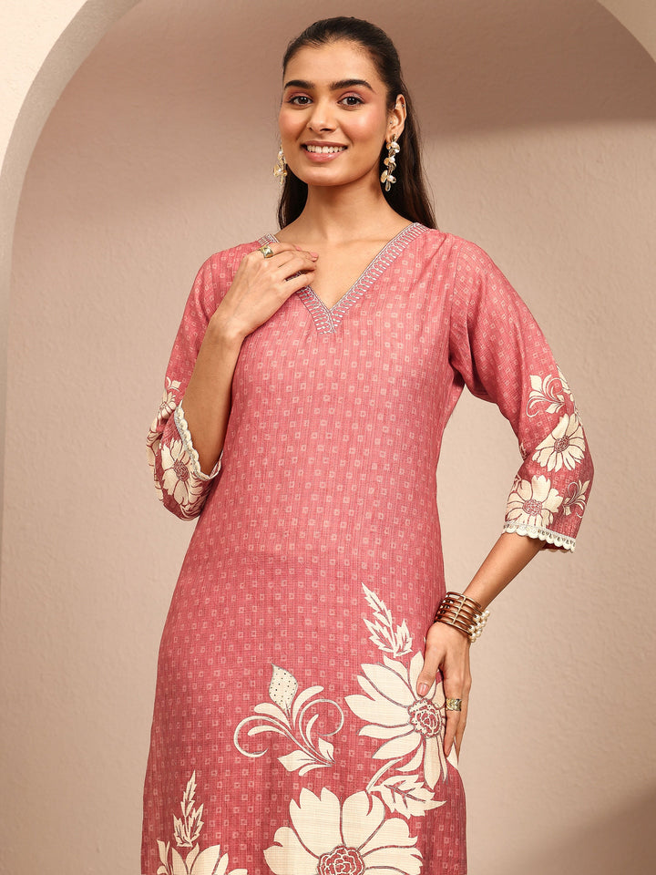 Coral Printed Silk Blend Straight Suit Set With Dupatta