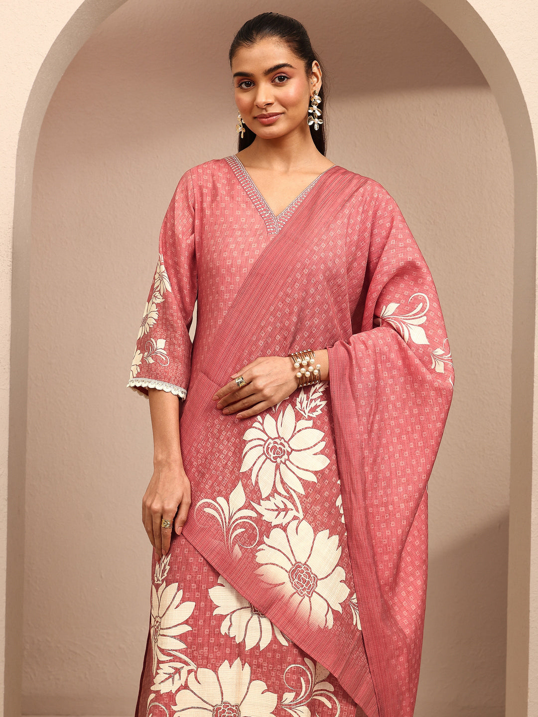 Coral Printed Silk Blend Straight Suit Set With Dupatta