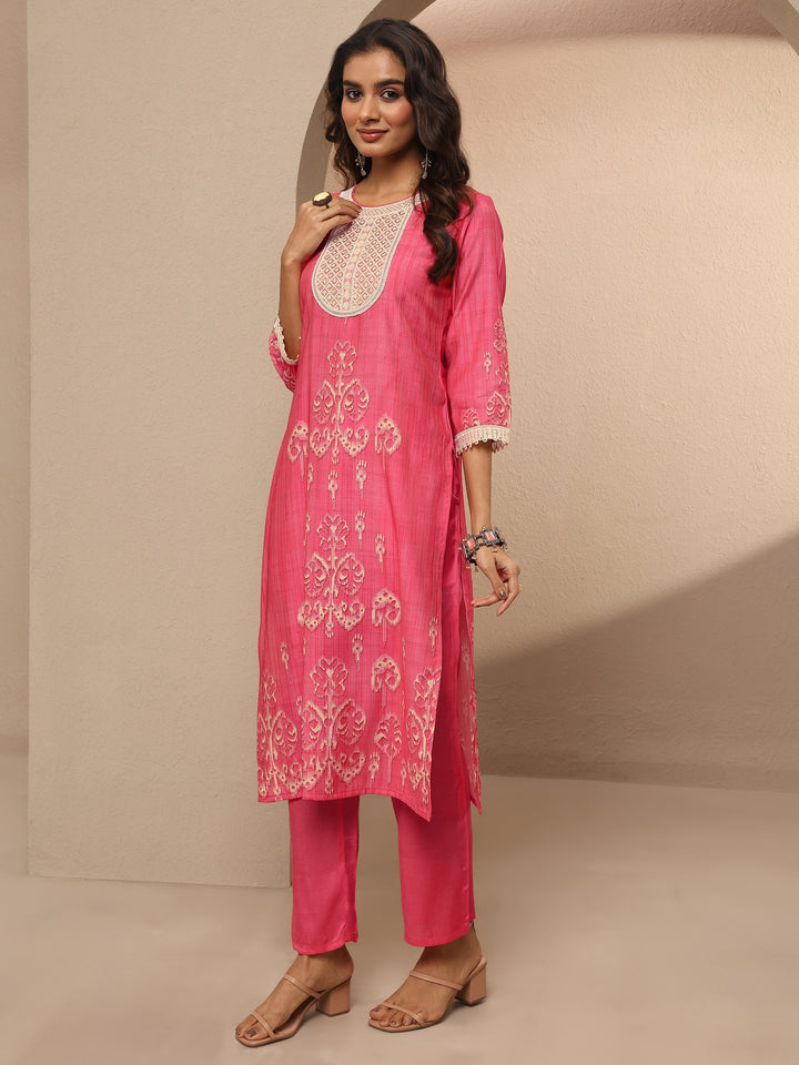 Peach Printed Silk blend Straight Suit Set With Dupatta
