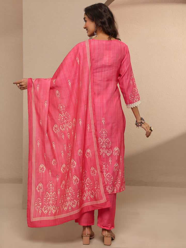 Peach Printed Silk blend Straight Suit Set With Dupatta