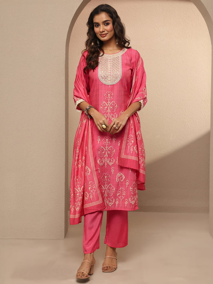 Peach Printed Silk blend Straight Suit Set With Dupatta