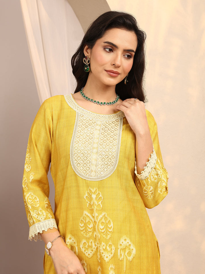Yellow Printed Silk Blend Straight Suit Set With Dupatta