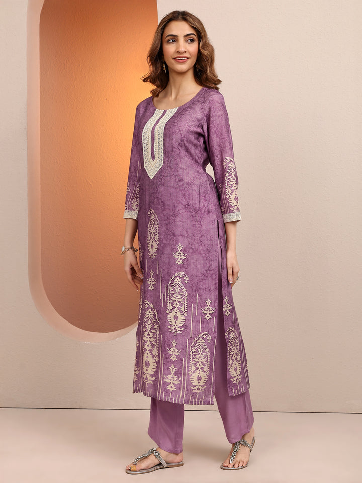 Purple Printed Silk blend Straight Suit Set With Dupatta