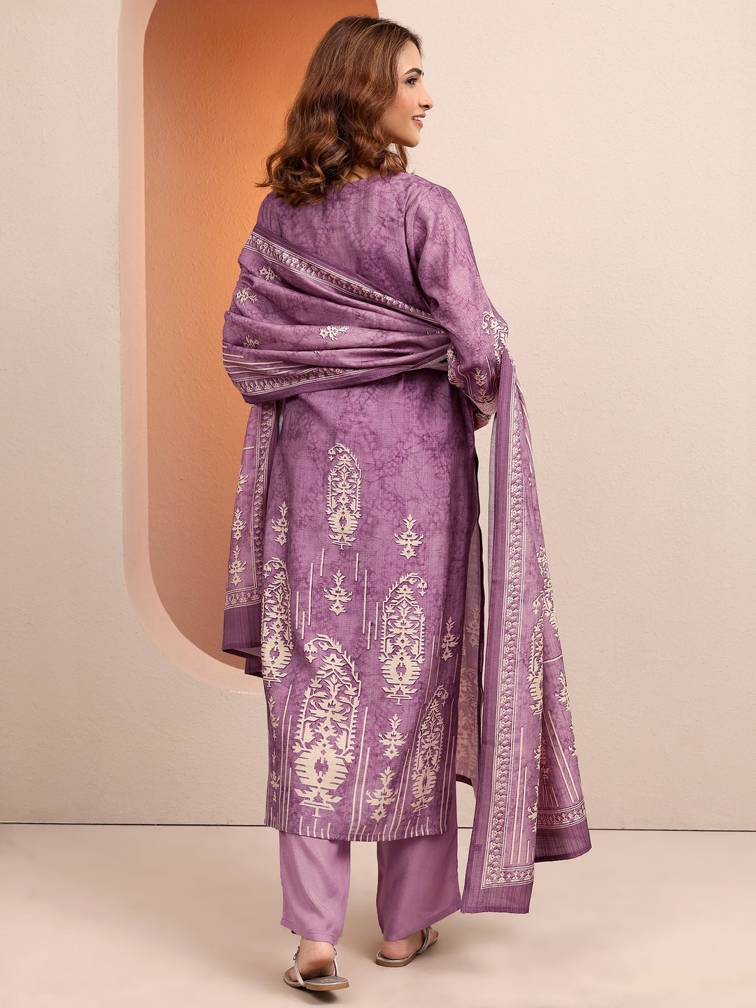 Purple Printed Silk blend Straight Suit Set With Dupatta