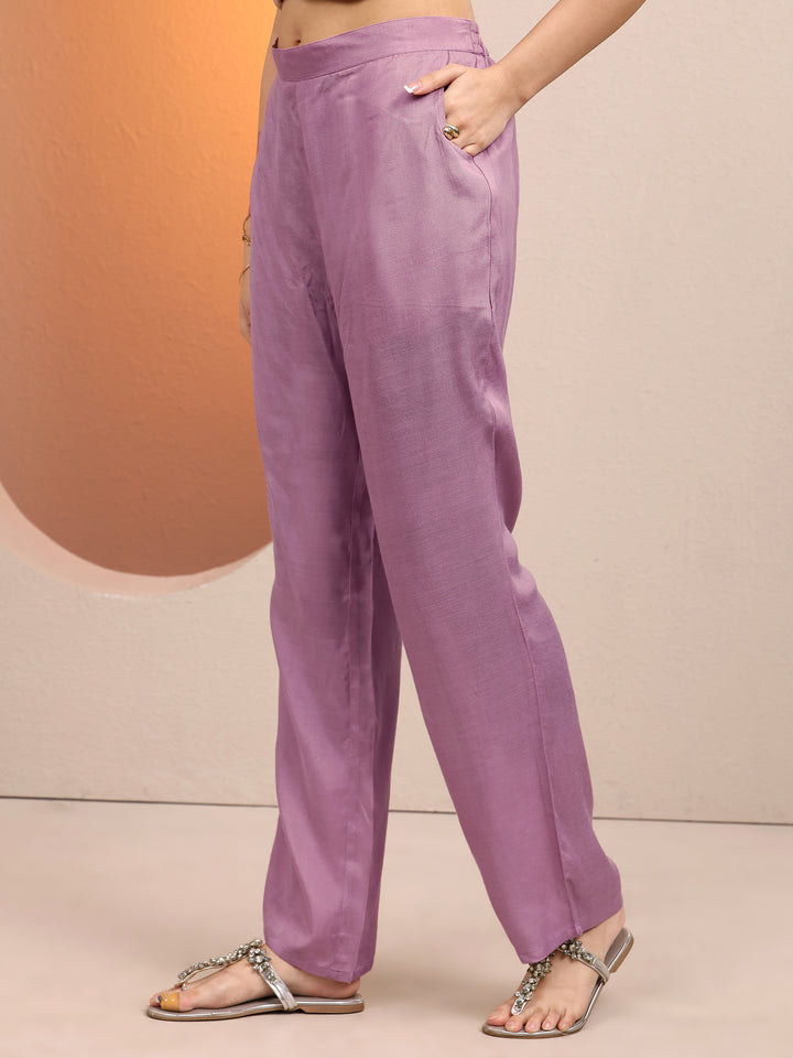 Purple Printed Silk blend Straight Suit Set With Dupatta