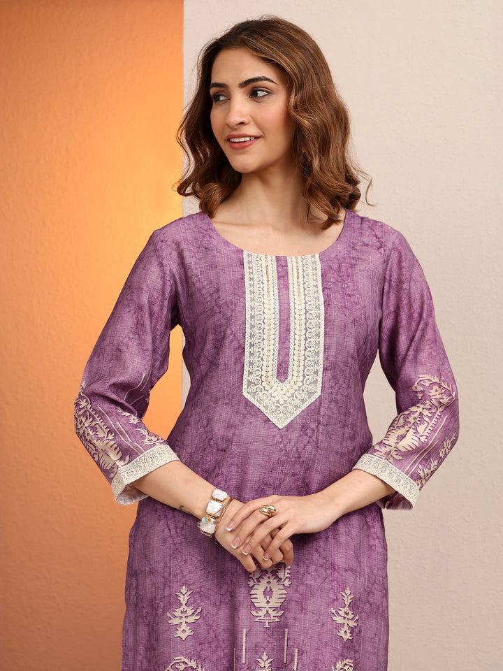 Purple Printed Silk blend Straight Suit Set With Dupatta