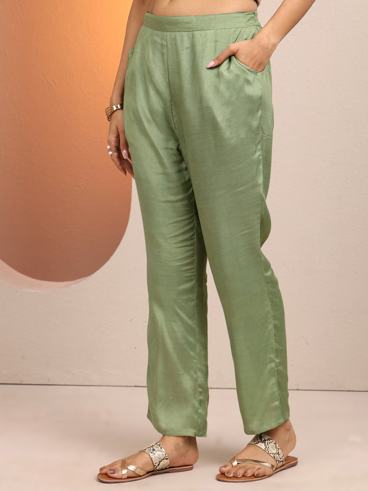 Green Printed Silk Blend Straight Suit Set With Dupatta