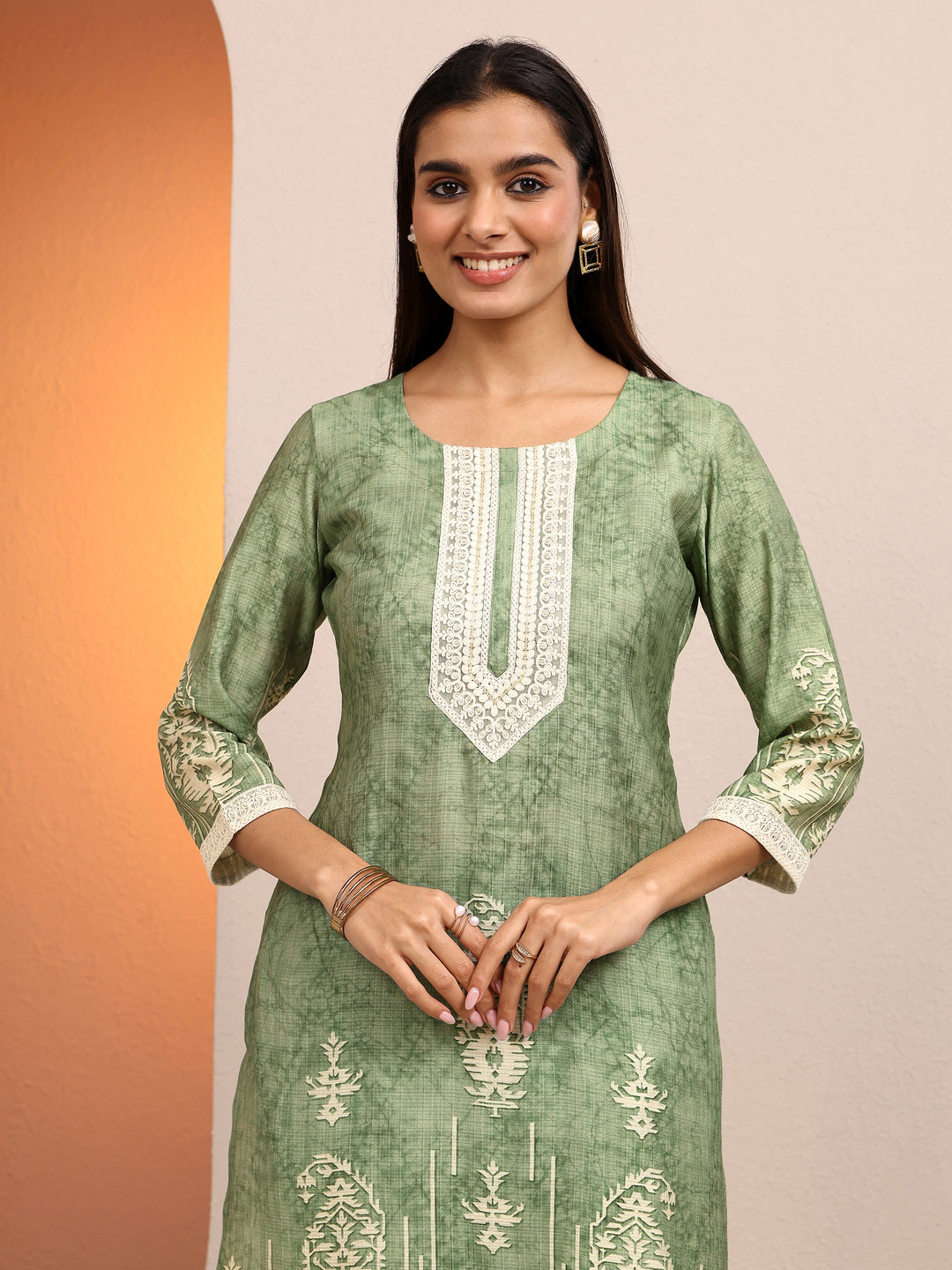 Green Printed Silk Blend Straight Suit Set With Dupatta
