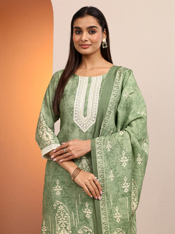 Green Printed Silk Blend Straight Suit Set With Dupatta