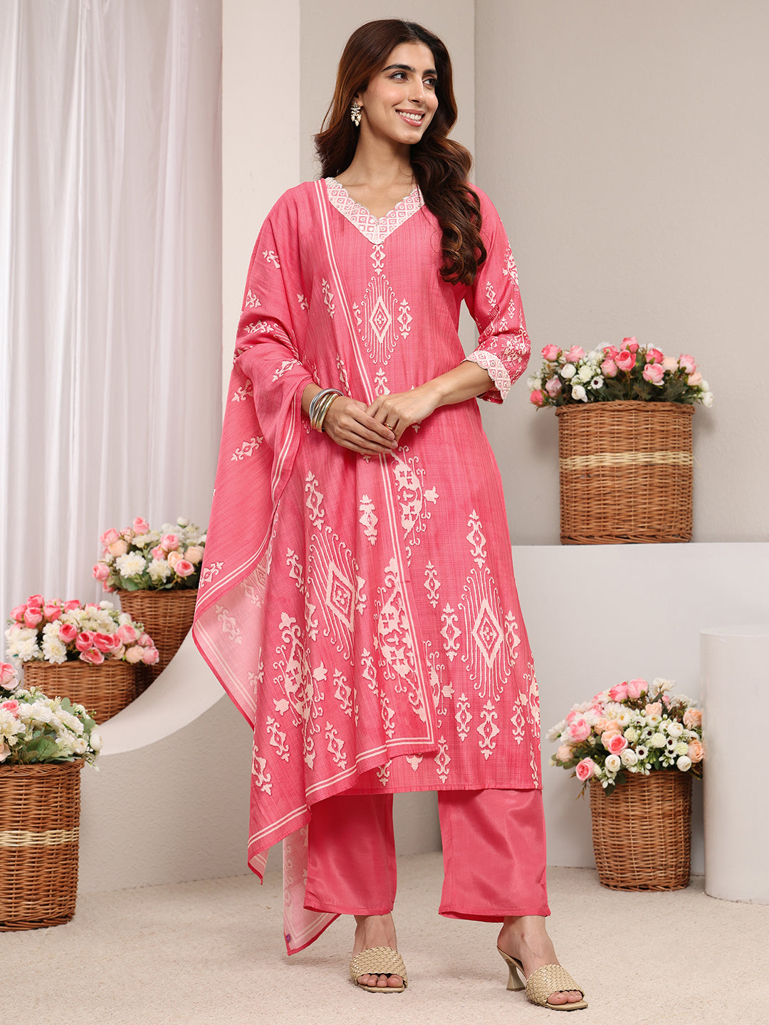 Peach Ethnic Printed Silk-Blend Straight Suit Set With Dupatta