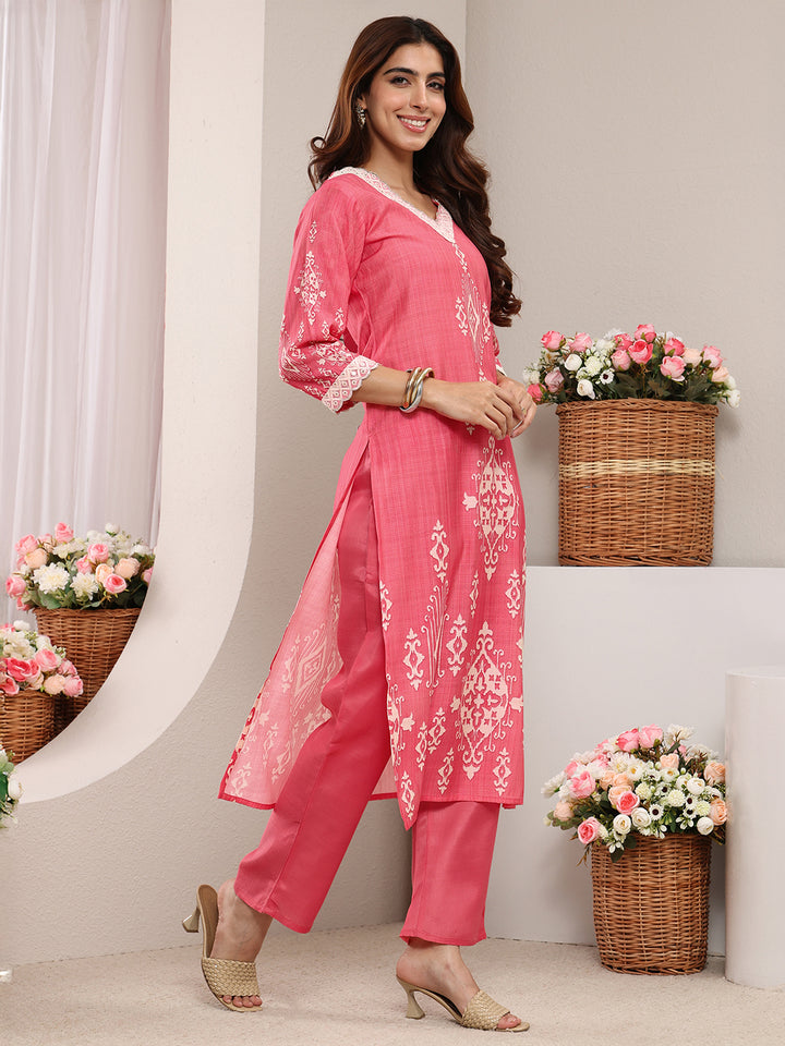 Peach Ethnic Printed Silk-Blend Straight Suit Set With Dupatta