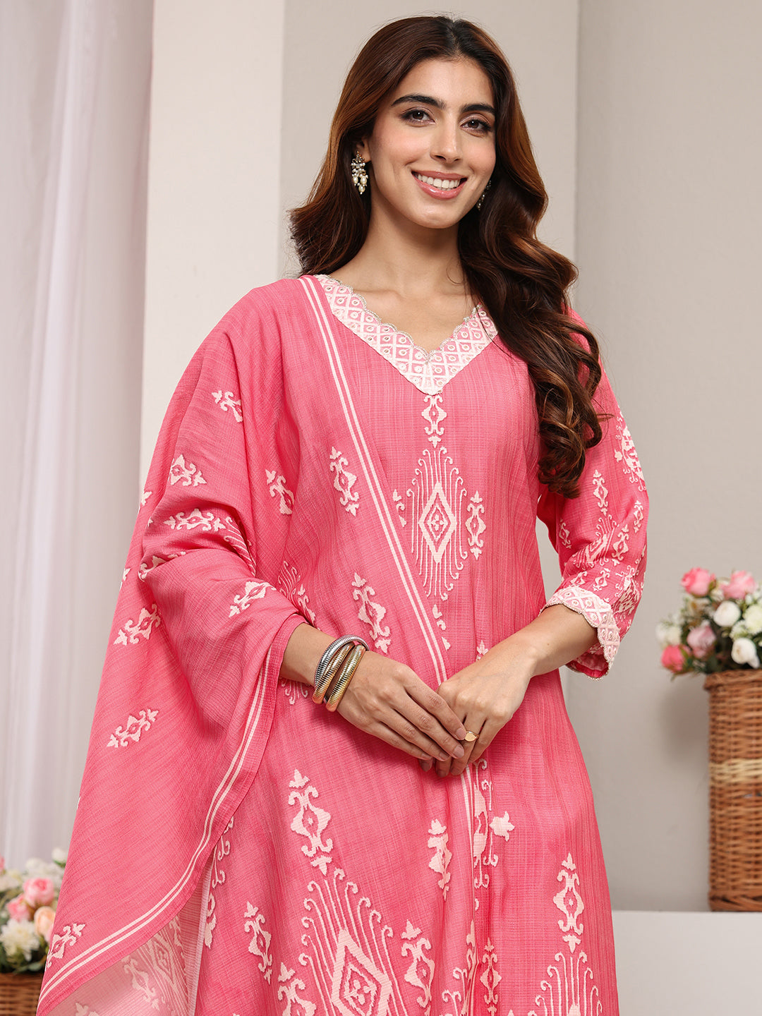 Peach Ethnic Printed Silk-Blend Straight Suit Set With Dupatta