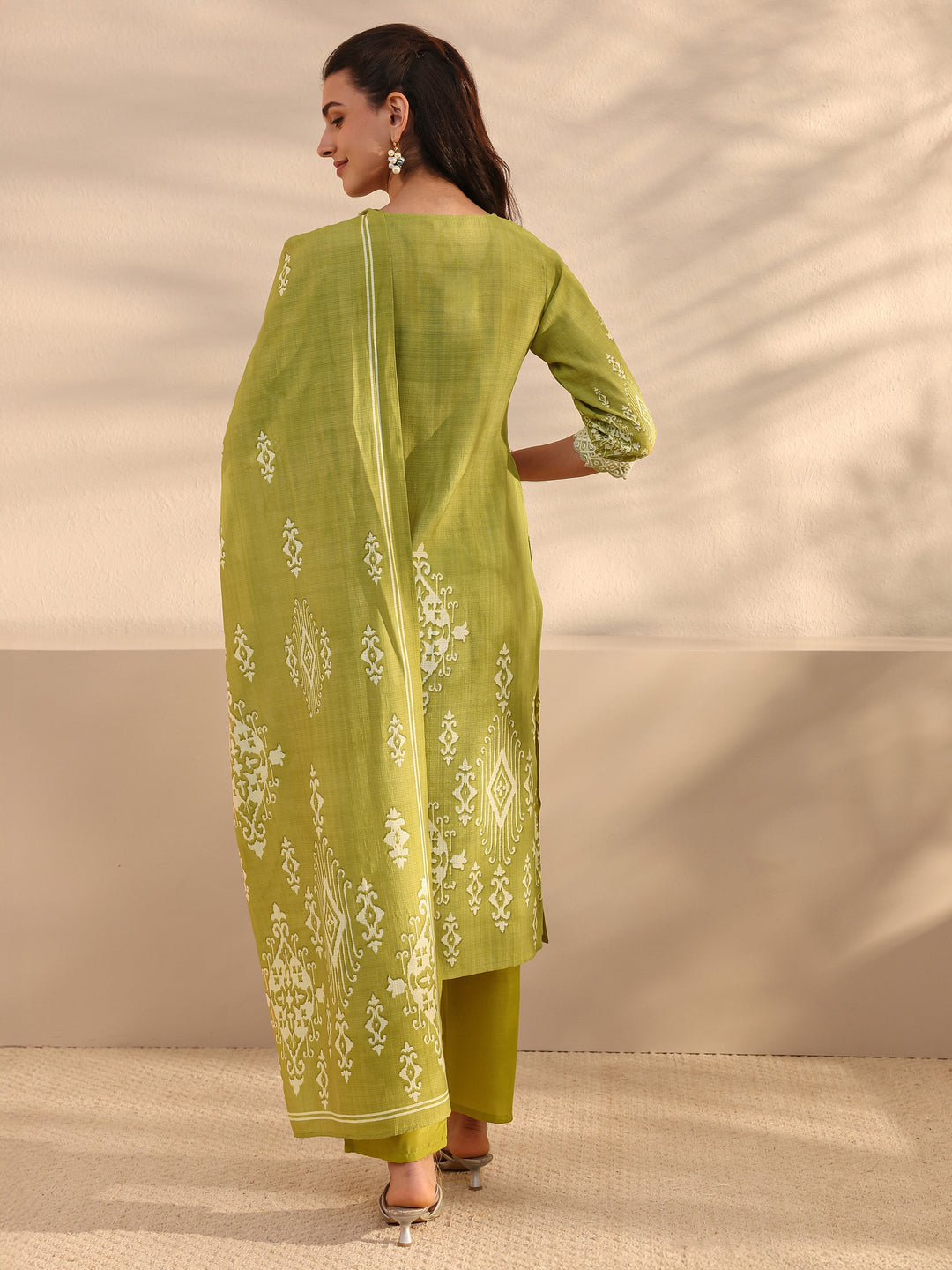 Green Ethnic Printed Silk Blend Straight Suit Set With Duaptta