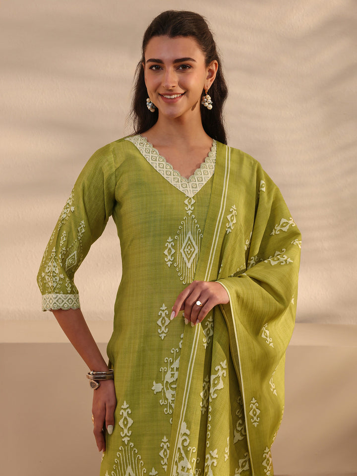 Green Ethnic Printed Silk Blend Straight Suit Set With Duaptta