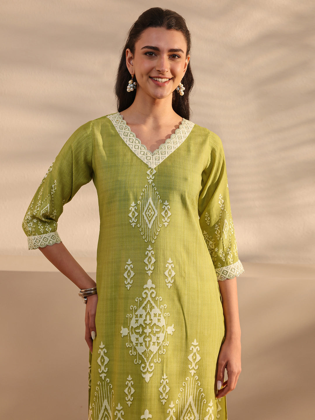 Green Ethnic Printed Silk Blend Straight Suit Set With Duaptta