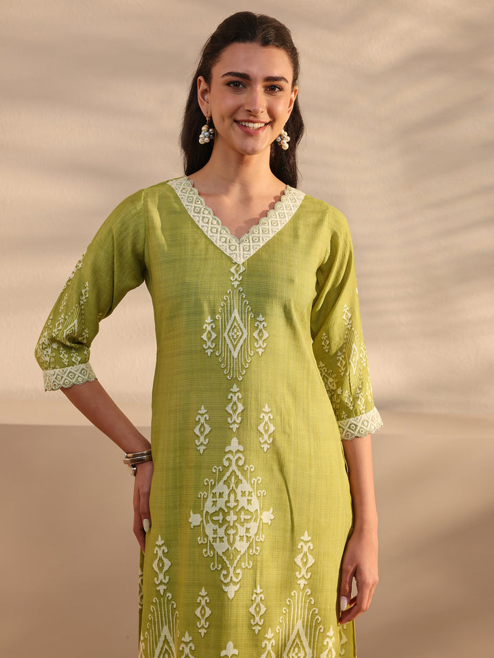 Green Ethnic Printed Silk Blend Straight Suit Set With Duaptta