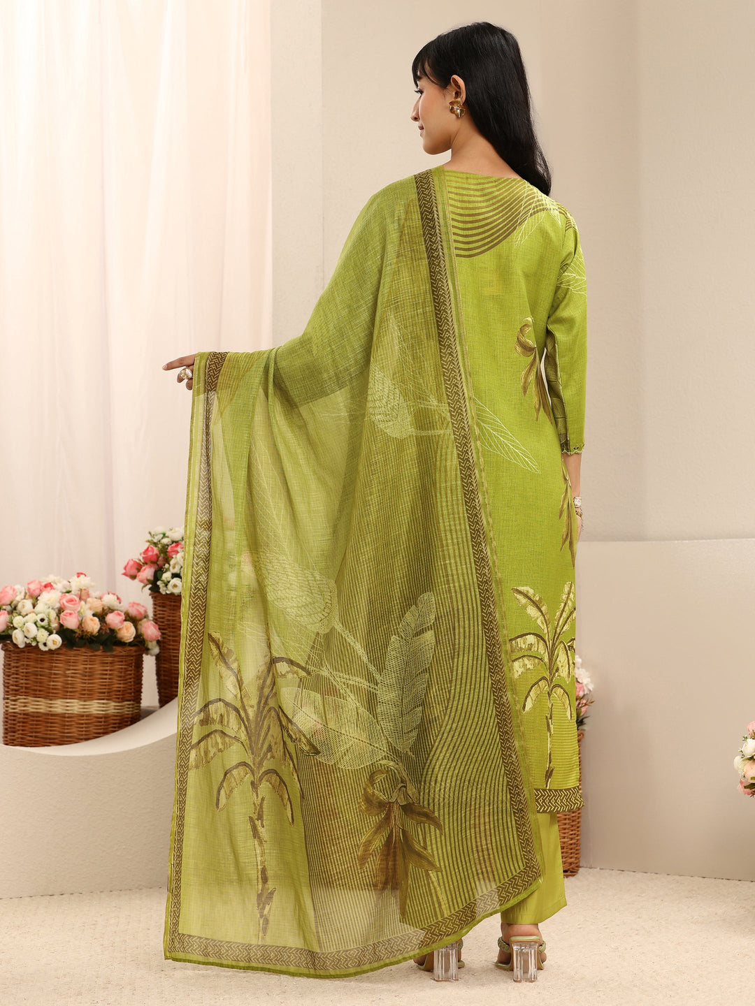 Green Floral Printed Linen Straight Suit Set With Dupatta