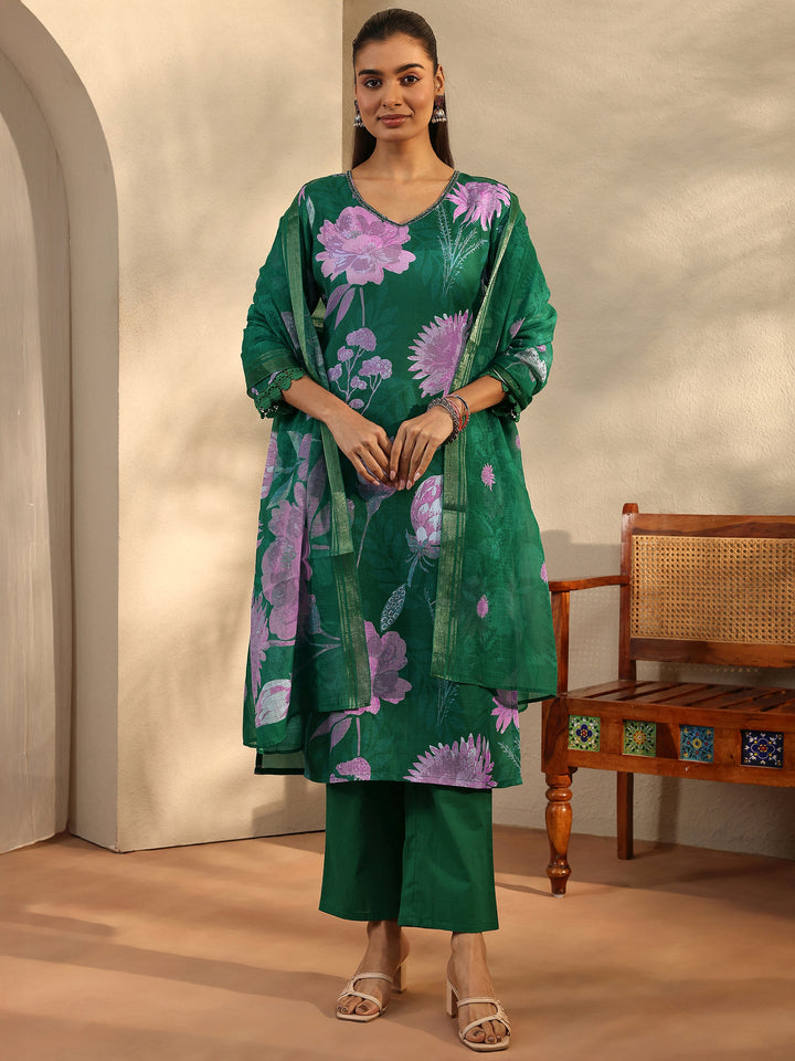 Green Printed Linen Straight Suit Set With Dupatta