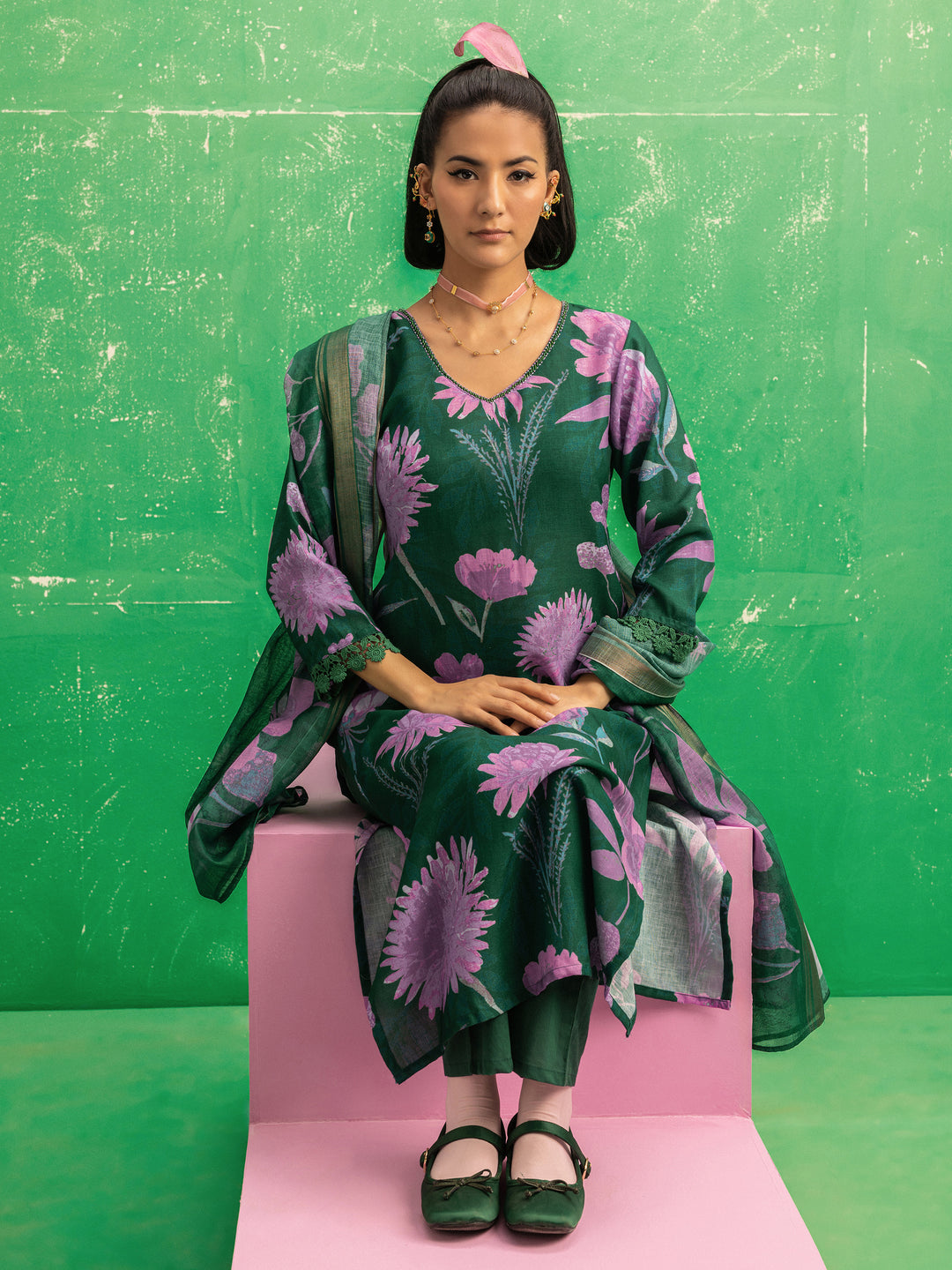 Amelia Green Printed Linen Straight Suit Set With Dupatta