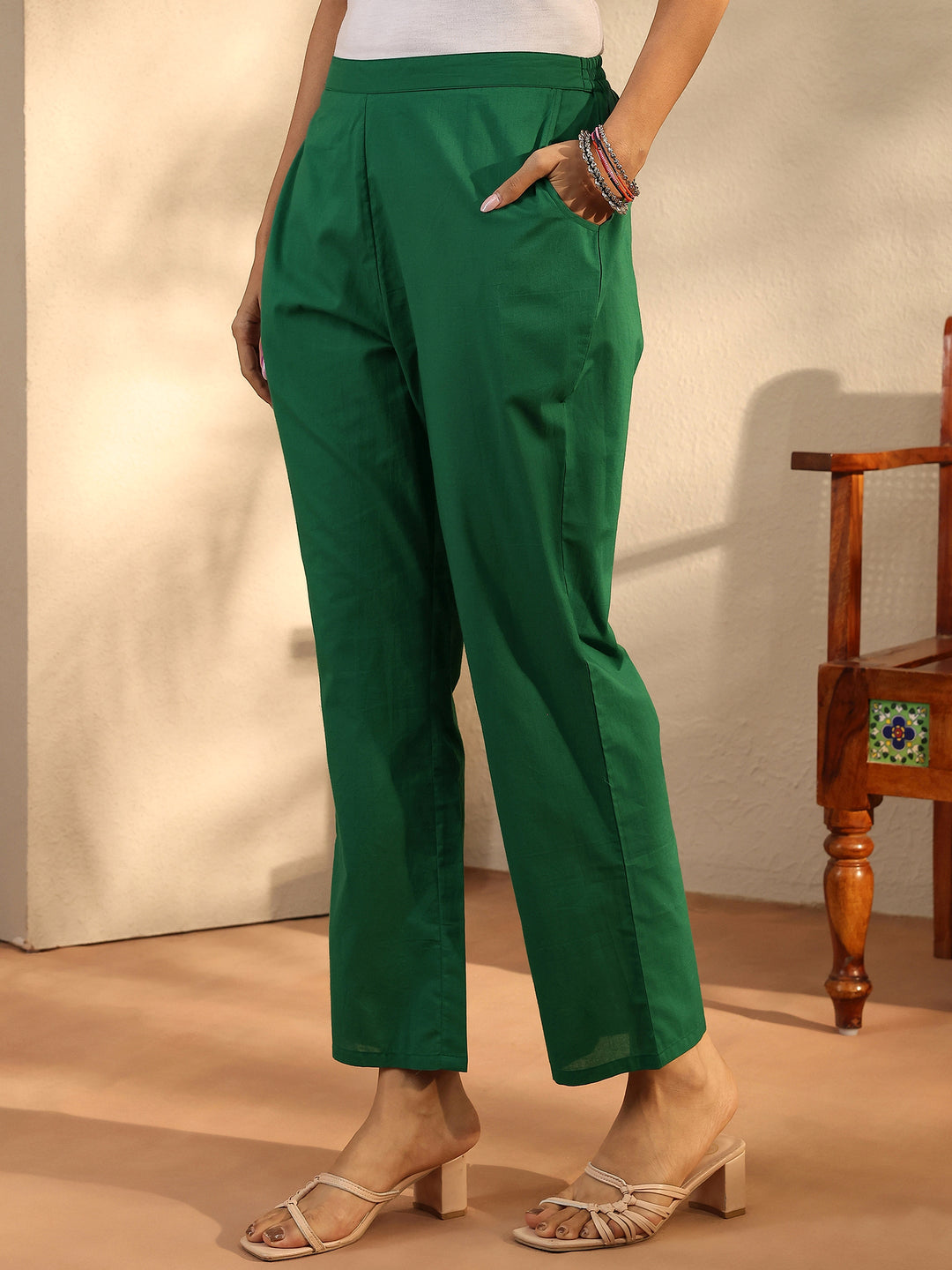 Green Printed Linen Straight Suit Set With Dupatta