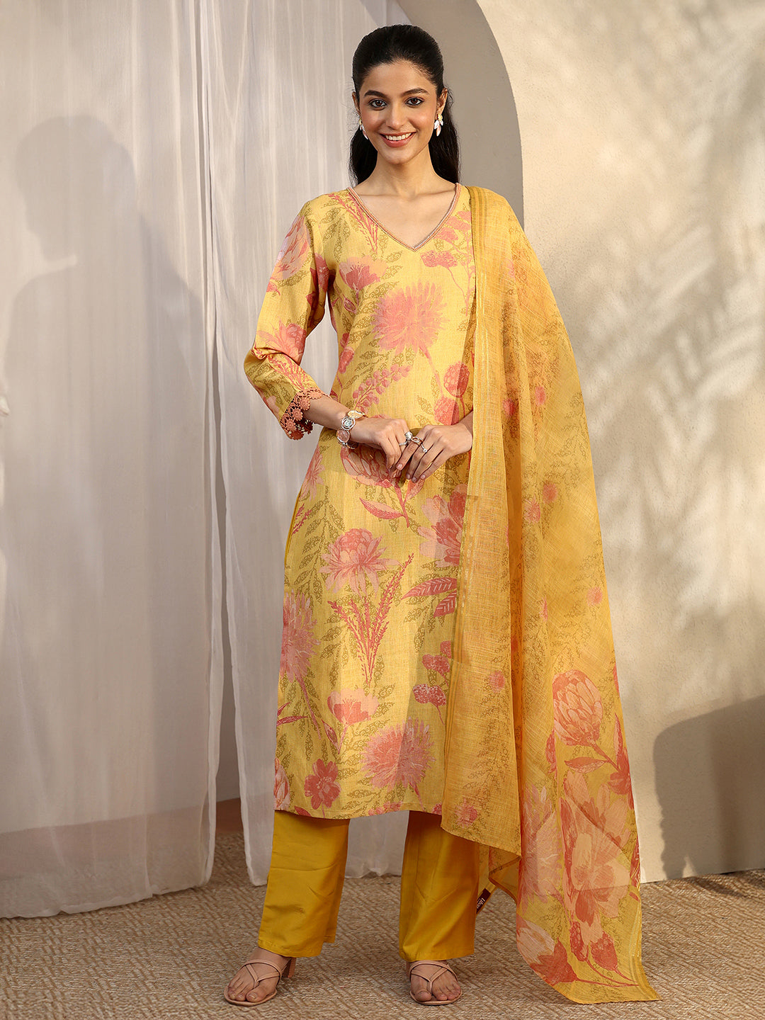 Mustard Printed Linen Straight Suit Set With Dupatta
