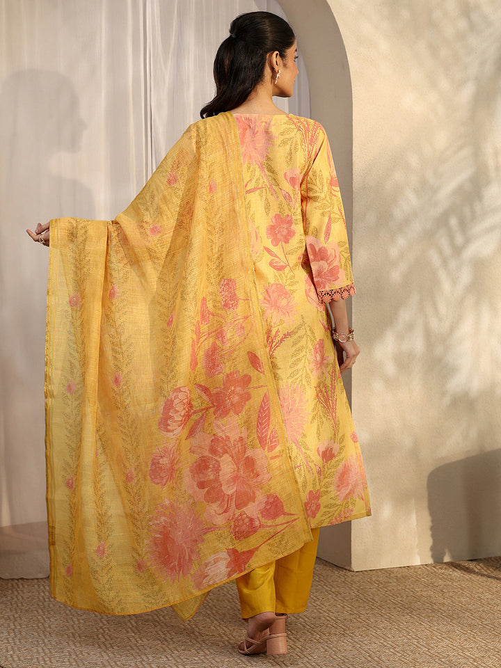Mustard Printed Linen Straight Suit Set With Dupatta