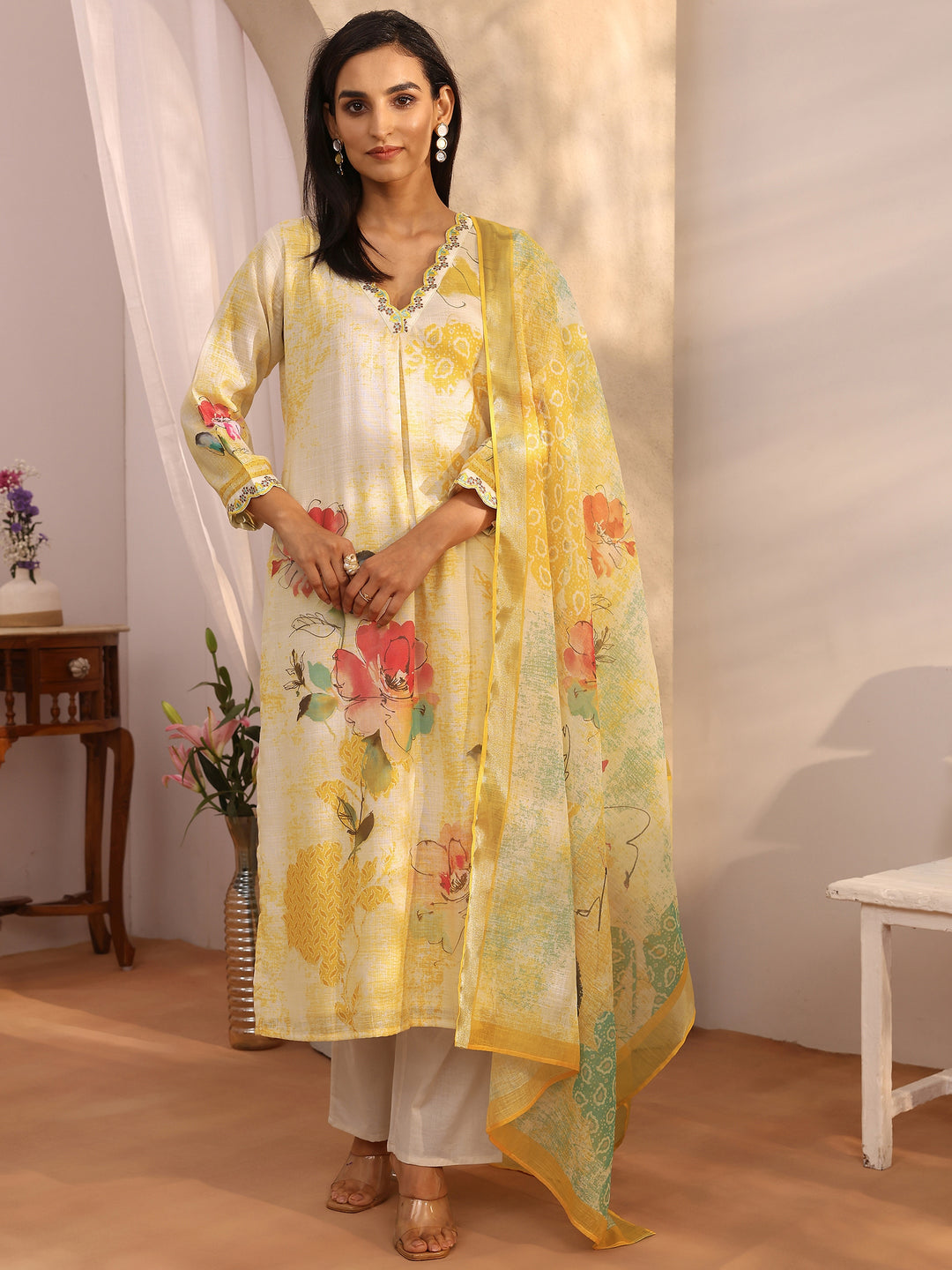 Off white Printed Linen Straight Suit Set With Dupatta