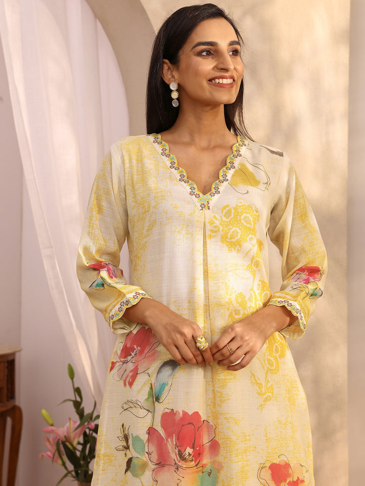 Off white Printed Linen Straight Suit Set With Dupatta