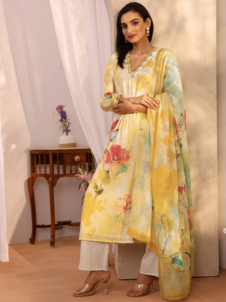 Off white Printed Linen Straight Suit Set With Dupatta