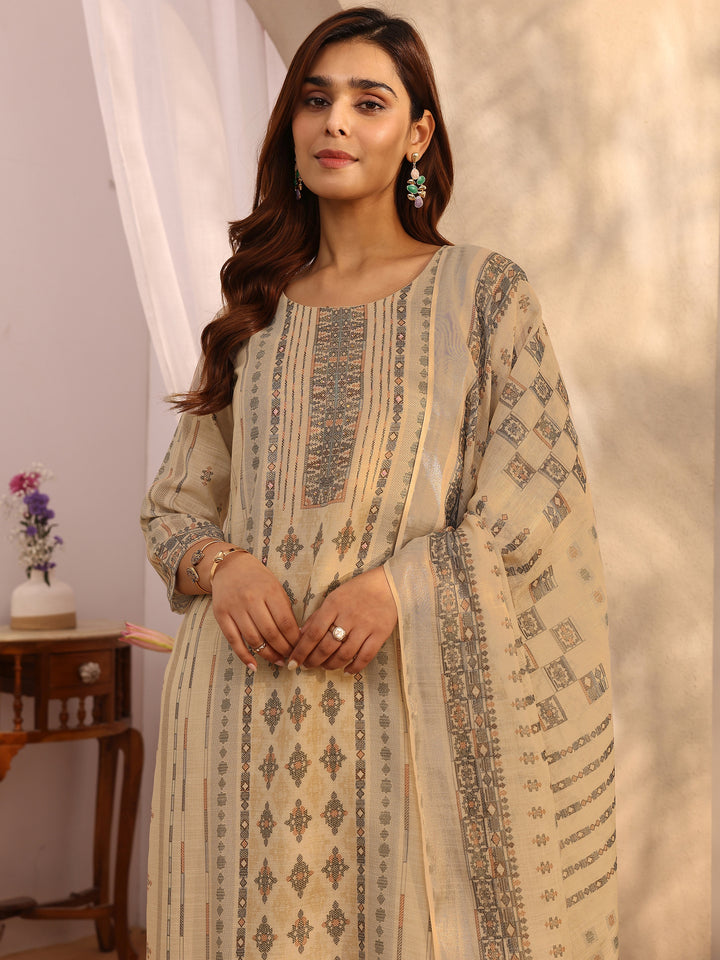 Off White Printed Linen Straight Suit Set With Dupatta
