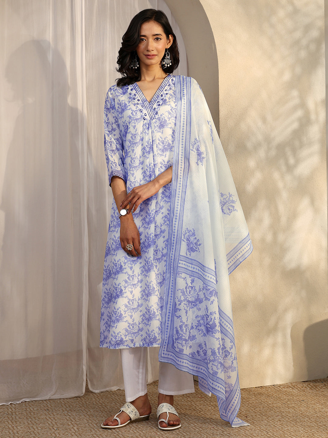 White Printed Kota Straight Suit Set With Dupatta