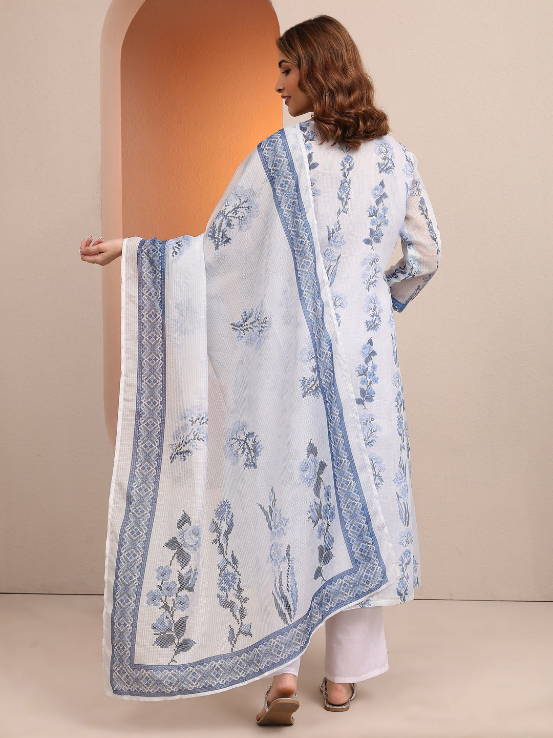 White Printed Kota Straight Suit Set With Dupatta