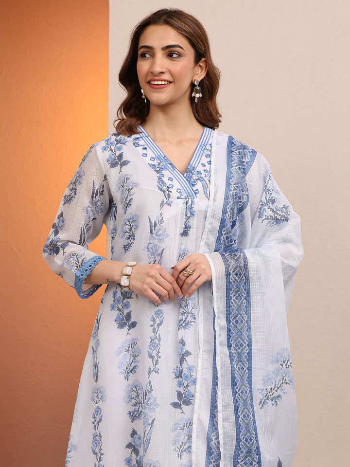 White Printed Kota Straight Suit Set With Dupatta