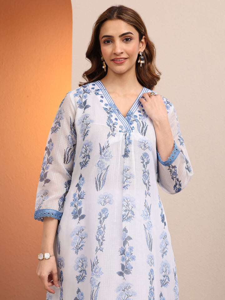 White Printed Kota Straight Suit Set With Dupatta