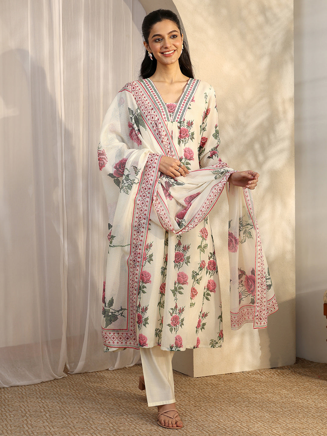 Off White Printed Kota Straight Suit Set With Dupatta