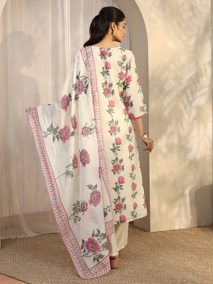 Off White Printed Kota Straight Suit Set With Dupatta