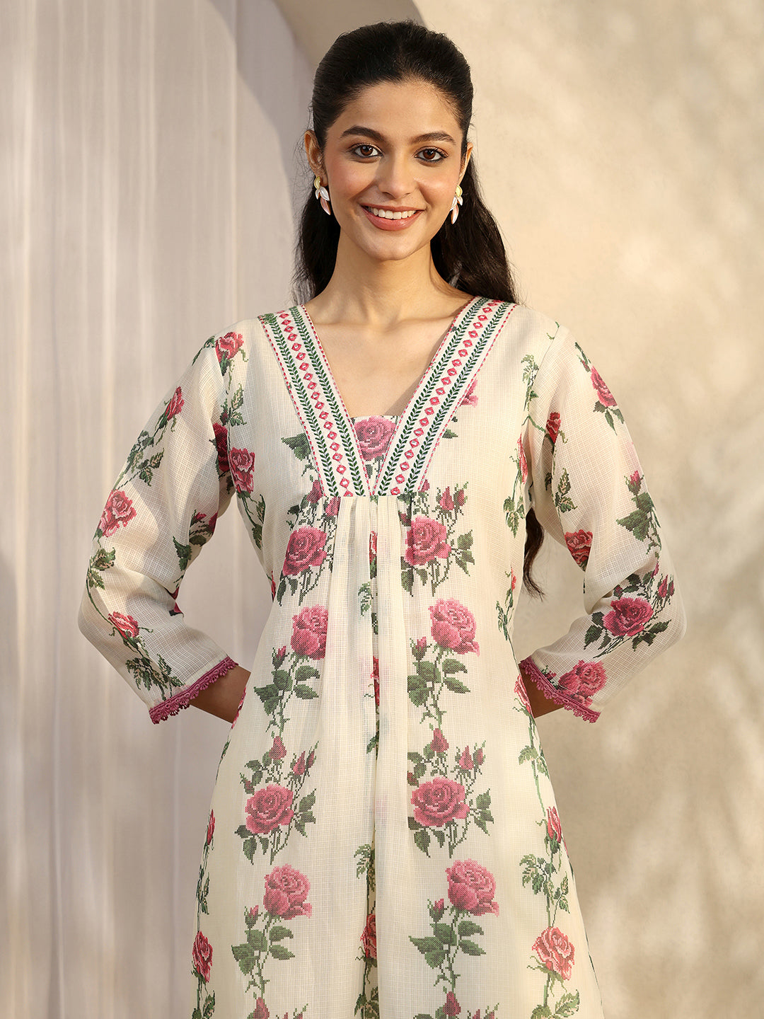 Off White Printed Kota Straight Suit Set With Dupatta