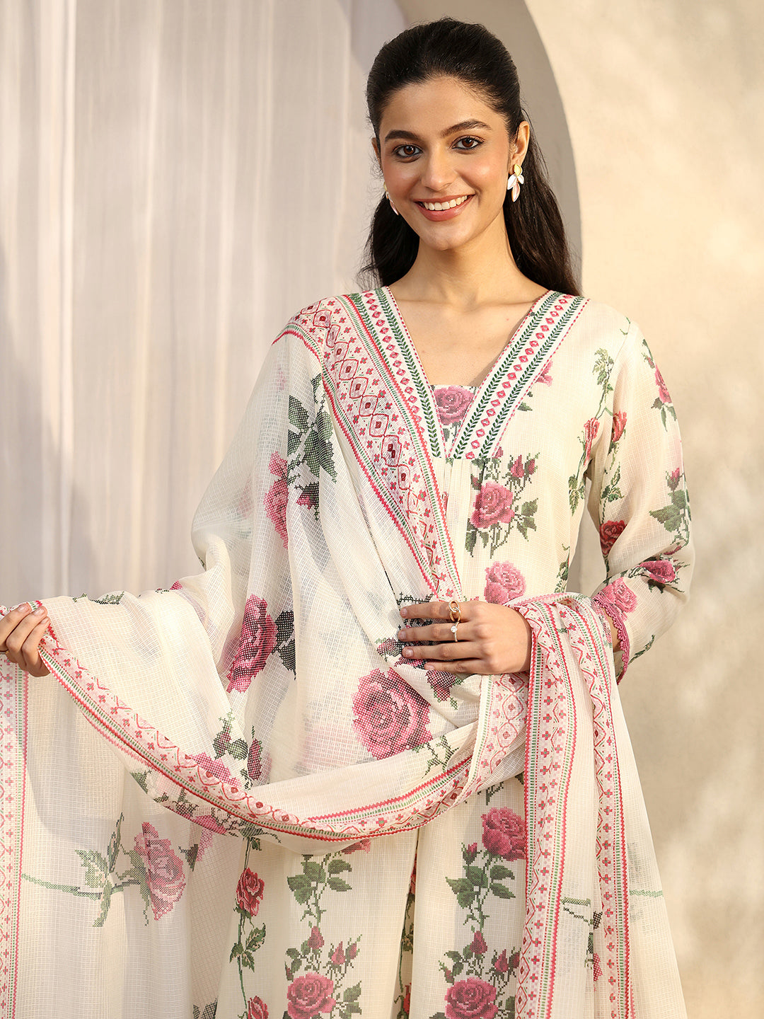 Off White Printed Kota Straight Suit Set With Dupatta