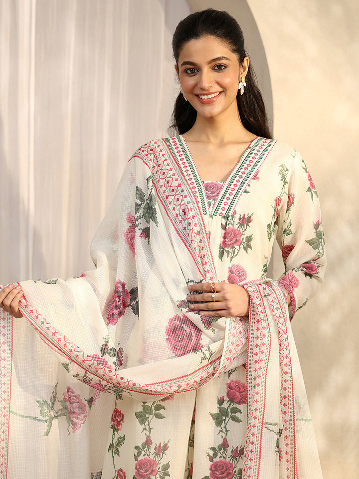 Off White Printed Kota Straight Suit Set With Dupatta