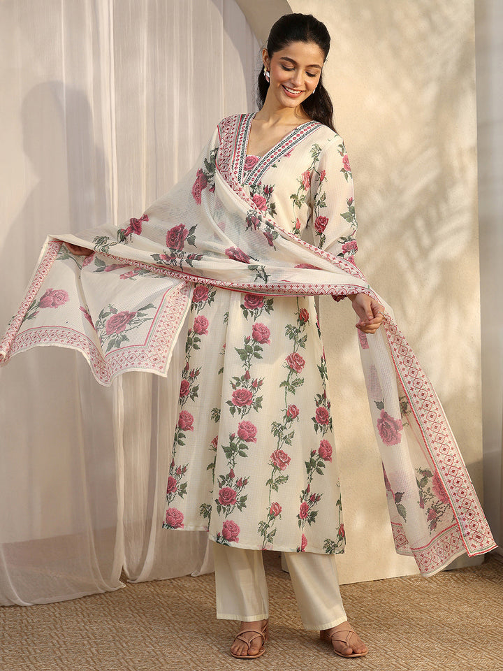 Off White Printed Kota Straight Suit Set With Dupatta