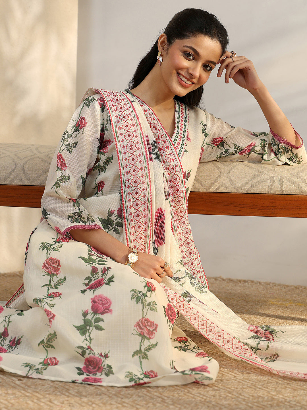 Off White Printed Kota Straight Suit Set With Dupatta