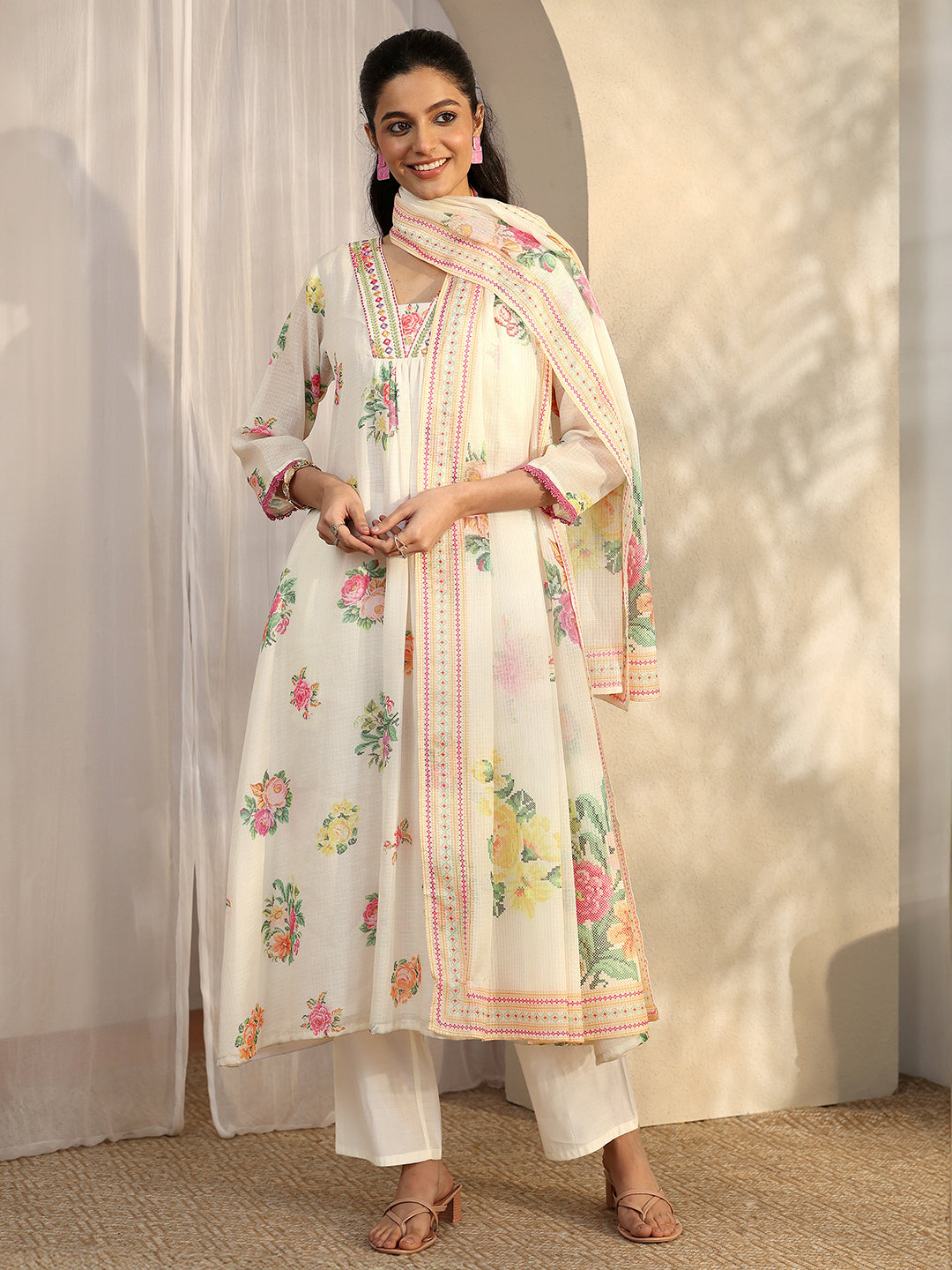 White Printed Kota A-Line Suit Set With Dupatta