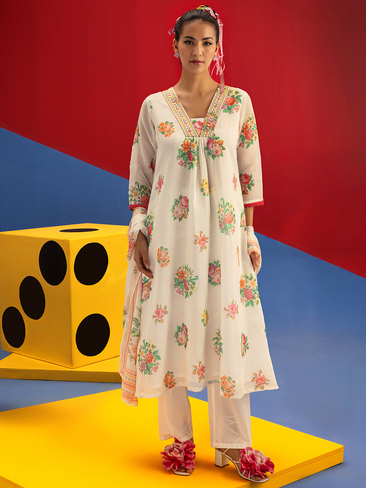 White Printed Kota A-Line Suit Set With Dupatta