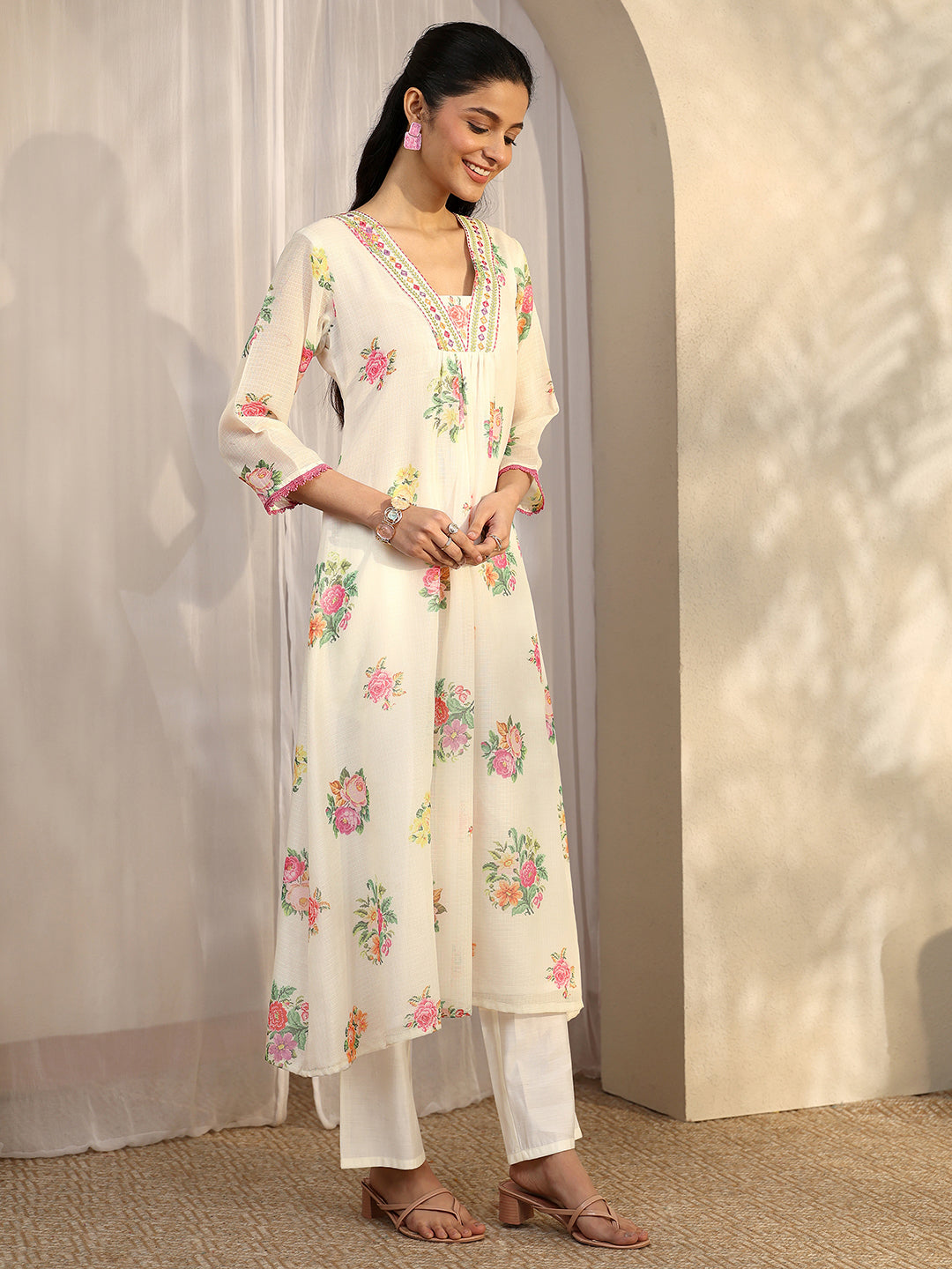 White Printed Kota A-Line Suit Set With Dupatta