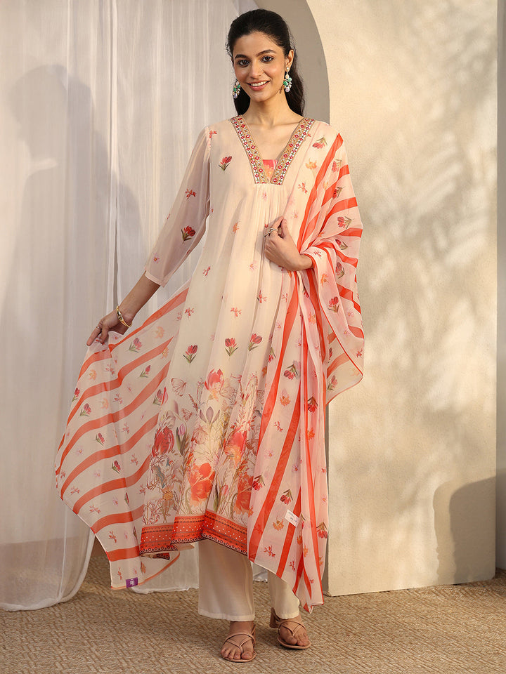 White Printed Chiffon Anarkali Suit Set With Dupatta