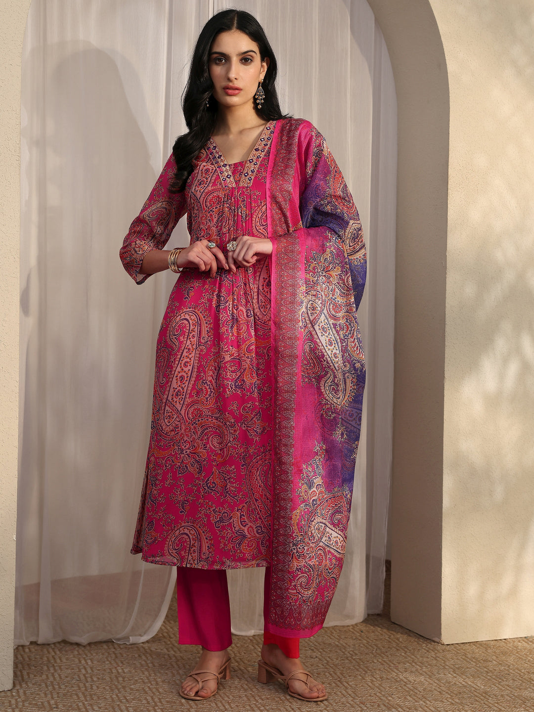 Pink Paisley Printed Chiffon A-Line Suit Set With Dupatta