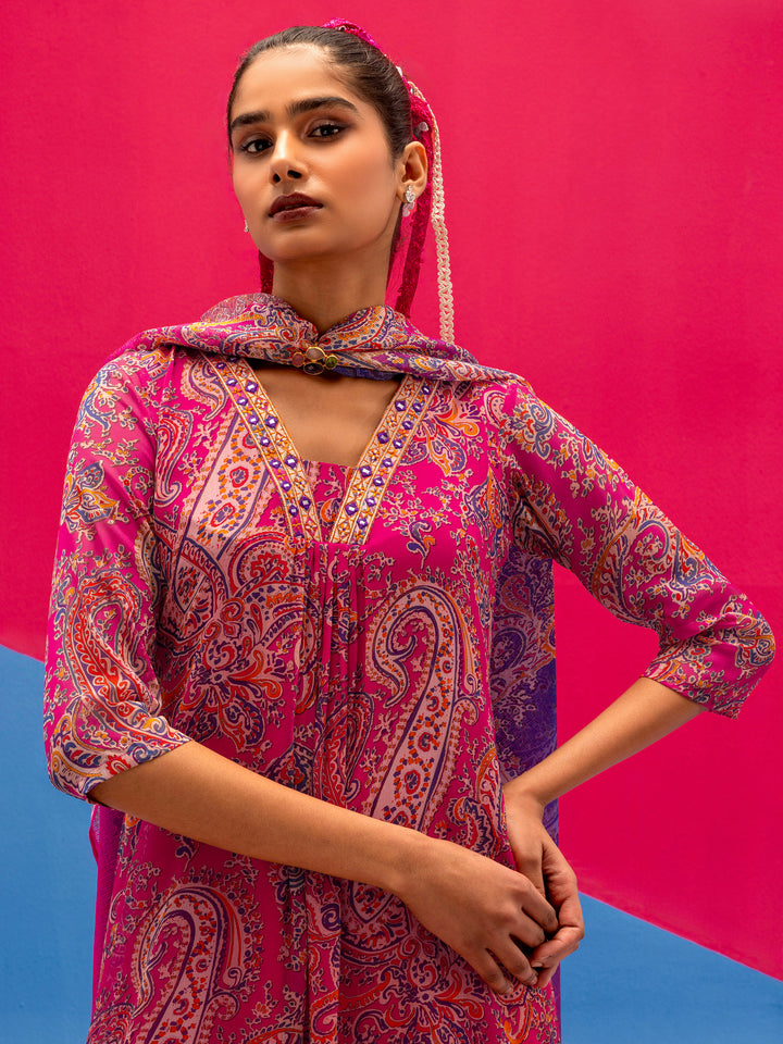 Pink Paisley Printed Chiffon A-Line Suit Set With Dupatta
