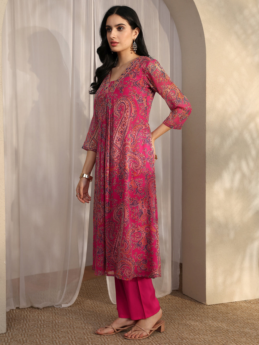 Pink Paisley Printed Chiffon A-Line Suit Set With Dupatta