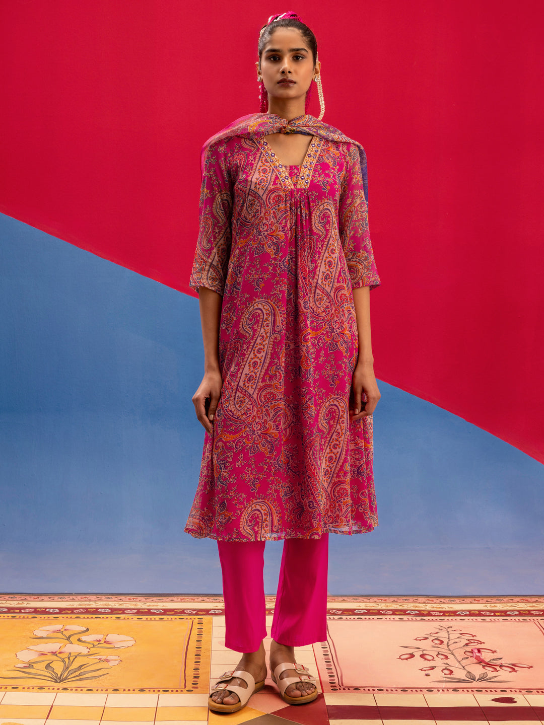 Pink Paisley Printed Chiffon A-Line Suit Set With Dupatta